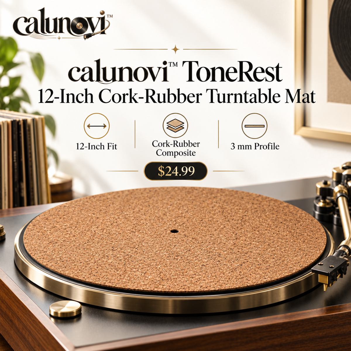 calunovi™ ToneRest 12-Inch Cork-Rubber Turntable Mat
