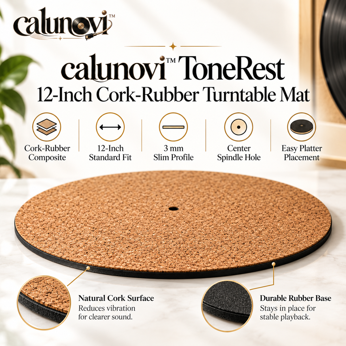 calunovi™ ToneRest 12-Inch Cork-Rubber Turntable Mat