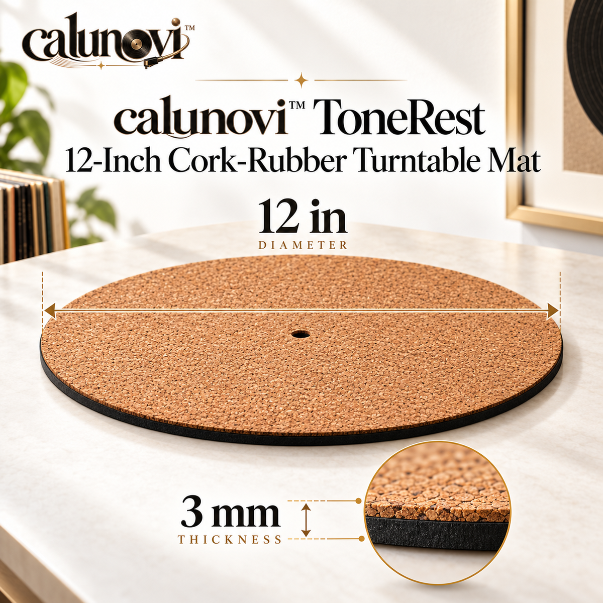 calunovi™ ToneRest 12-Inch Cork-Rubber Turntable Mat