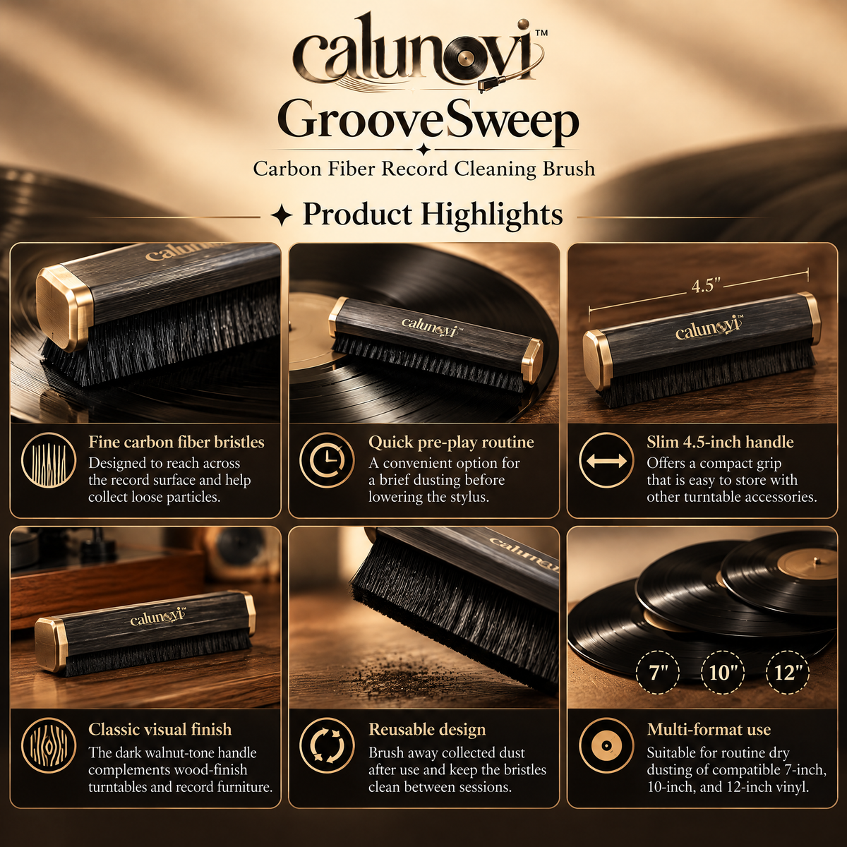calunovi™ GrooveSweep Carbon Fiber Record Cleaning Brush