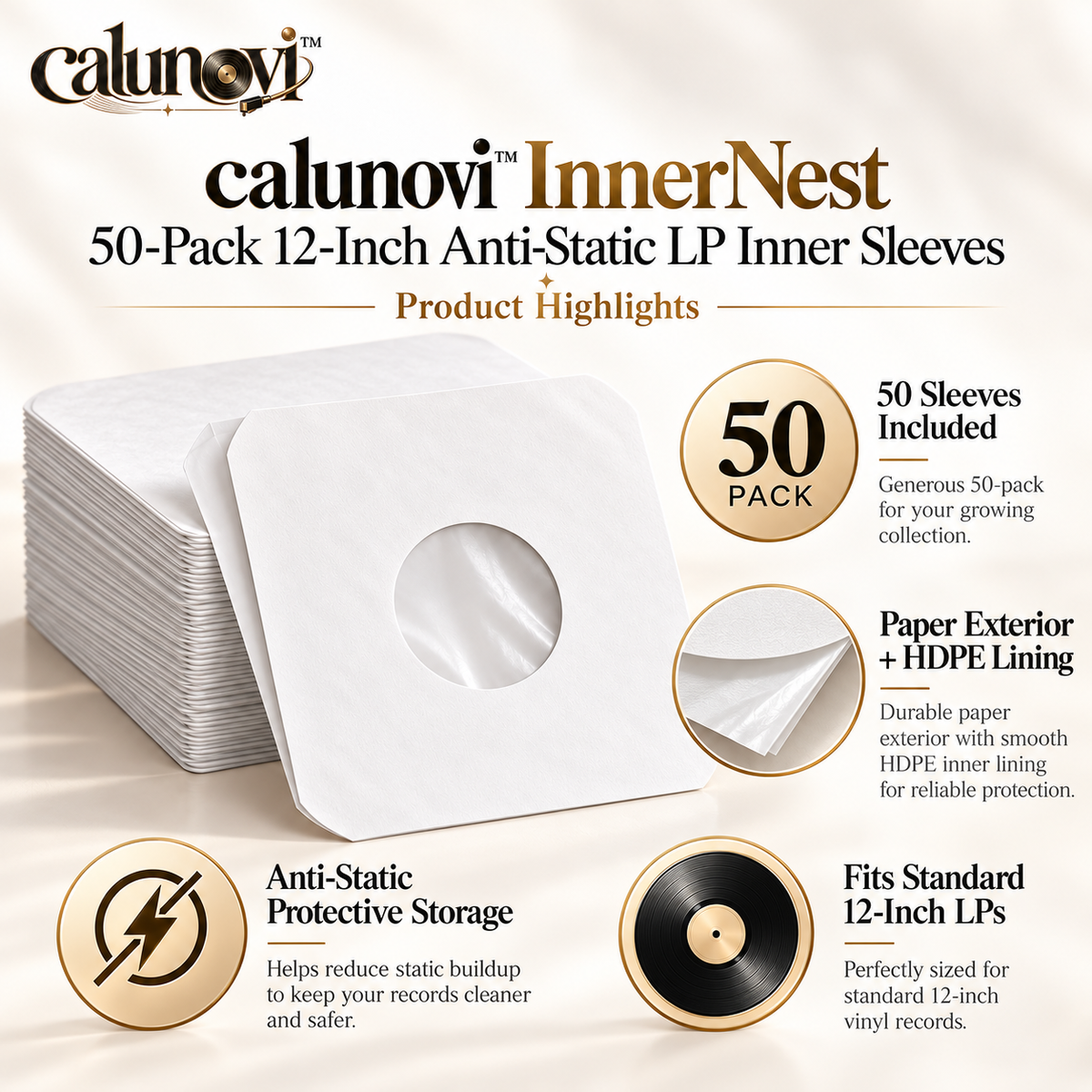 calunovi™ InnerNest 50-Pack 12-Inch Anti-Static LP Inner Sleeves